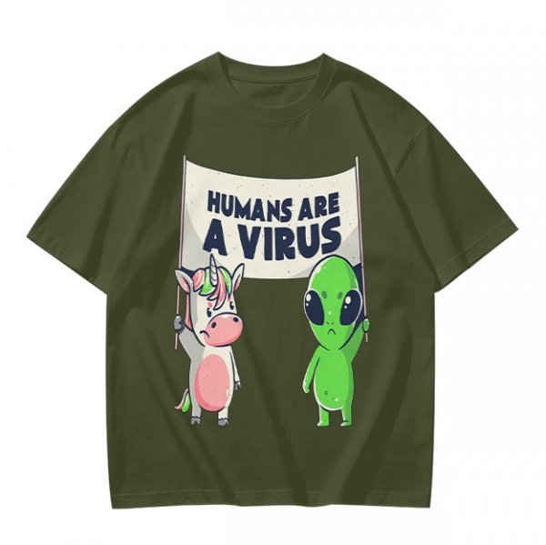 Olive T-shirt with Unicorn and Alien Holding 'Humans Are A Virus' Sign