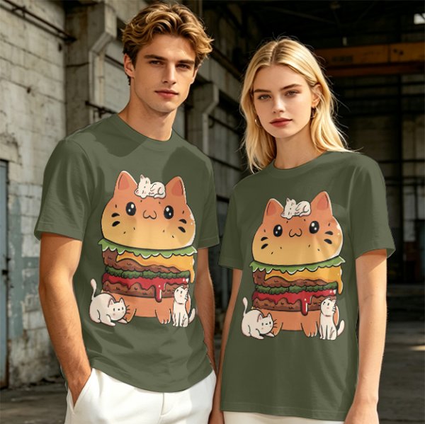 Olive T-Shirt With Cute Cat Burger And Kittens Print