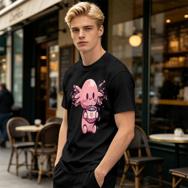 Olive T-Shirt With Cute Axolotl Holding Hot Drink Print
