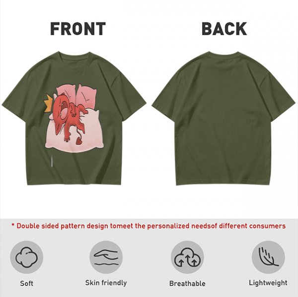 Olive T-Shirt With Cute Red Imp Yawning On Pillows Print