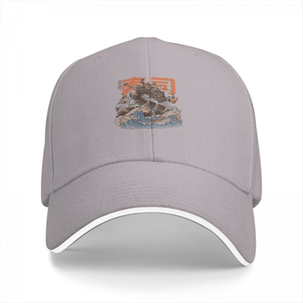 Black baseball cap with ocean wave and rocky graphic print
