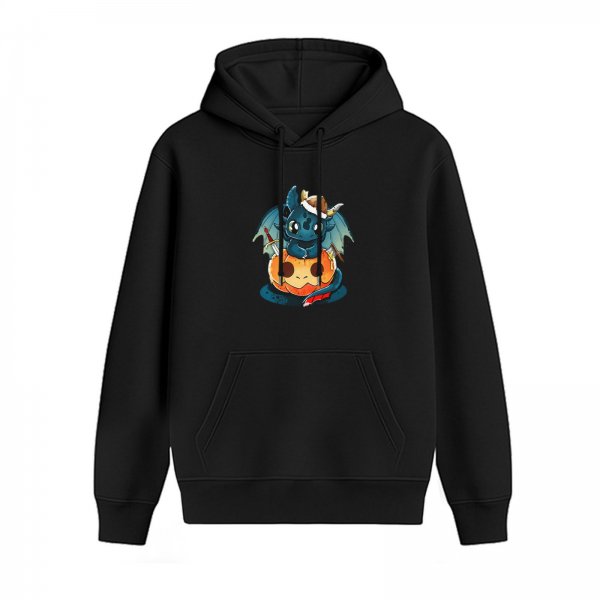 Black Hoodie With Cute Dragon Viking On Jack-o'-lantern Print