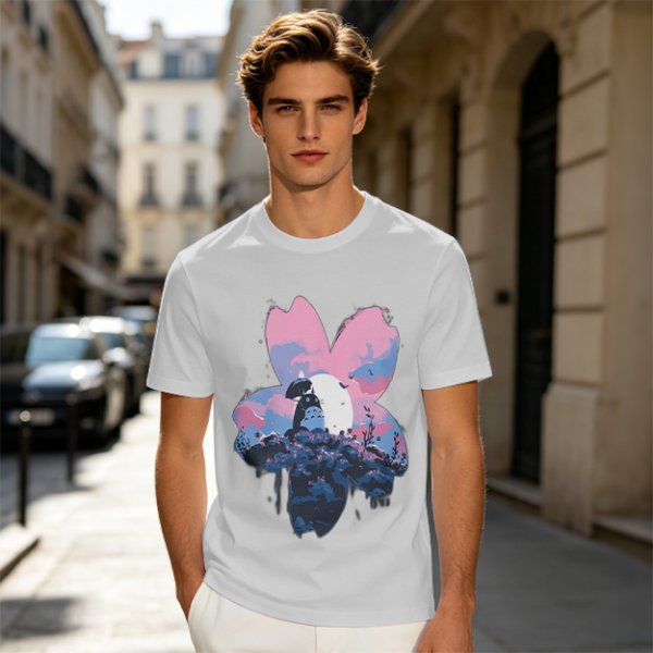 Olive T-Shirt with Sakura Flower and Whimsical Forest Creature Print