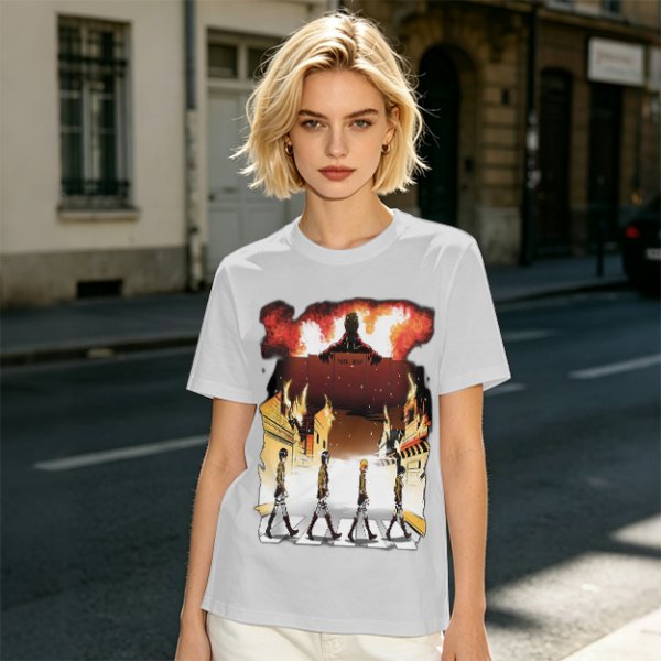 Olive T-Shirt With Anime Characters Crossing Burning Street Print