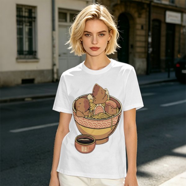 Olive Green T-Shirt With Capybara Ramen Bowl Print