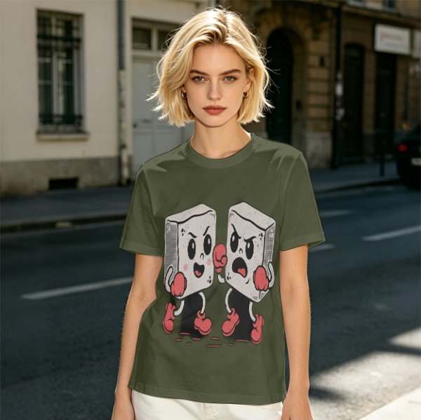 Olive T-Shirt With Retro Cartoon Fighting Ice Cubes Graphic
