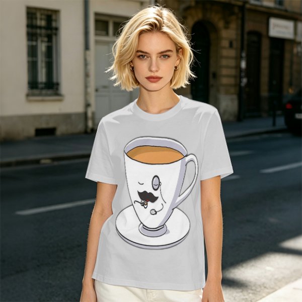 Olive Green T-Shirt With Dapper Cartoon Teacup Graphic