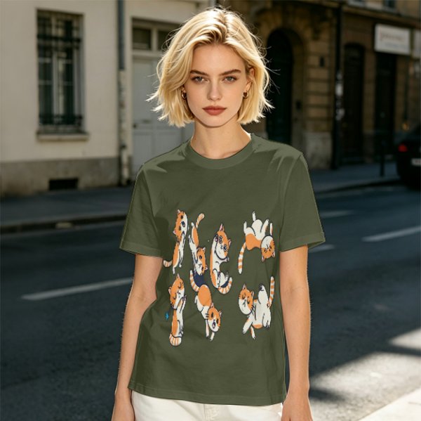 Olive T-Shirt With Playful Orange Kitten Illustrations