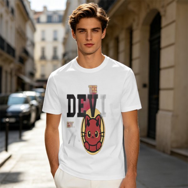 Olive T-Shirt with Red Devil Cat Graphic and The Dev Print