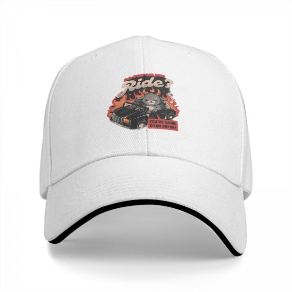 Black baseball cap with devil cat driving flaming car 'Do You Wanna Ride?' print