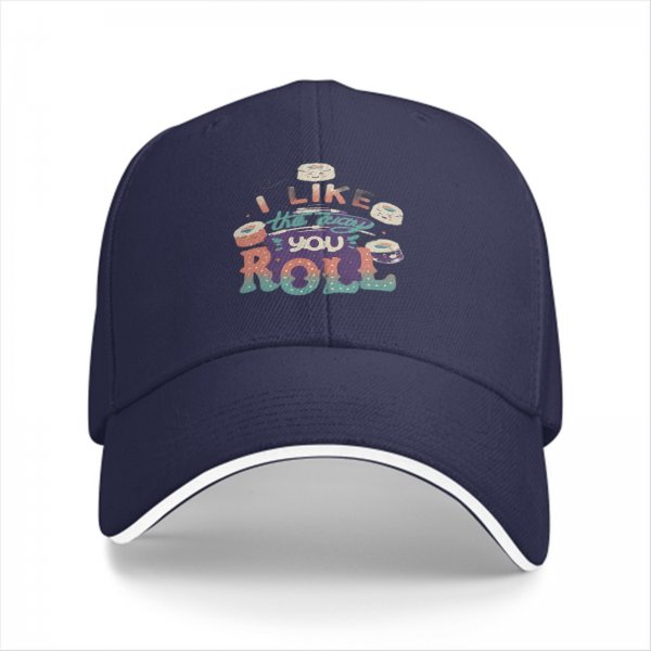 Black baseball cap with sushi graphic and 'I Like The Way You Roll' text