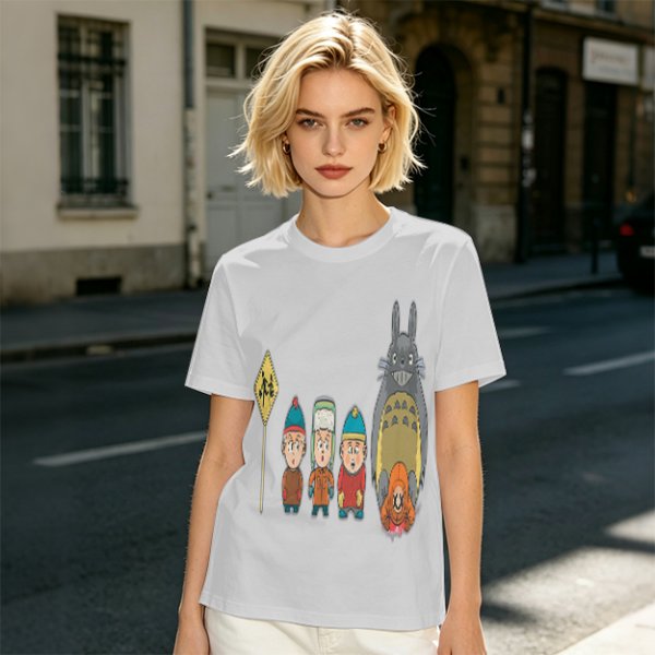 Olive T-shirt with cartoon characters print featuring Totoro and small figures