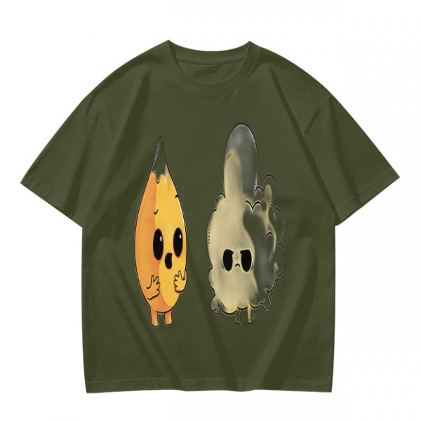 Olive T-Shirt With Surprised Flame and Burnt Ghost Character Art