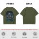 Olive Green T-Shirt With Night Graveyard Cat Illustration