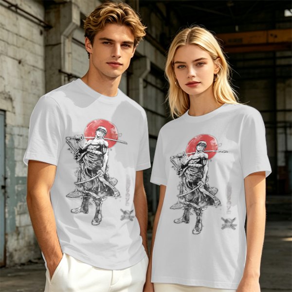 Olive T-shirt with Samurai Swordsman and Red Sun Print