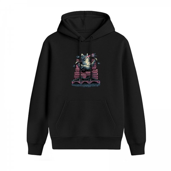 Black Hoodie With Giant Cat Destroying City Art Print