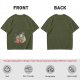 Olive green t-shirt with whimsical elf and dog artwork