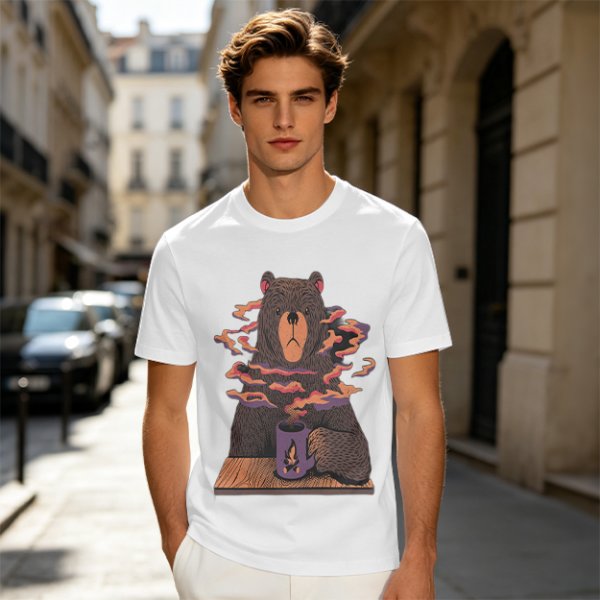 Olive T-Shirt With A Bear Holding A Campfire Mug Design