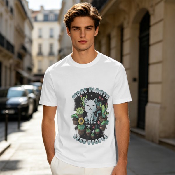 Olive T-shirt with 'More Plants Less People' Cat and Succulent Print