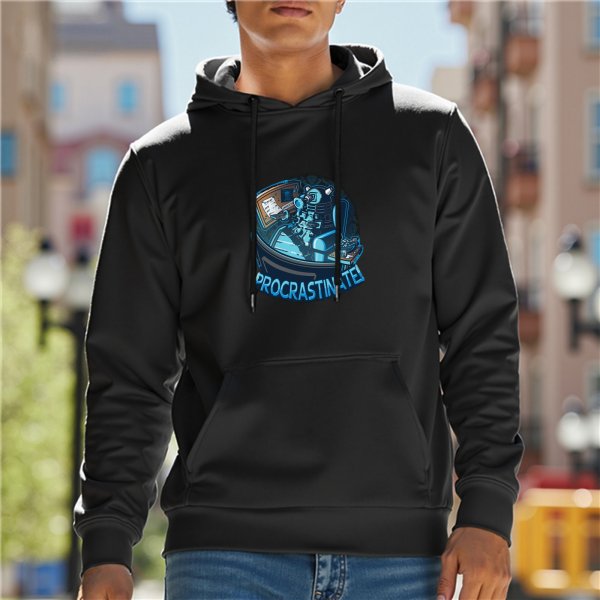Black hoodie with procrastinate gaming desk graphic print