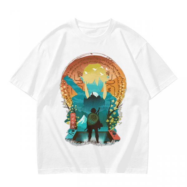 Olive Green T-Shirt With Fantasy Hero Silhouette Landscape Art