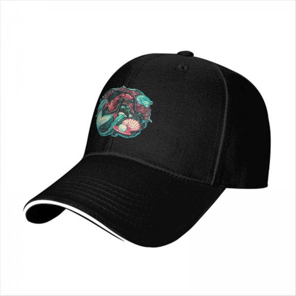 Black Baseball Cap With Mermaid And Pearl Shell Graphic