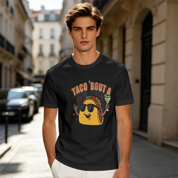 Olive taco graphic t-shirt with 'TACO 'BOUT A' text and margarita