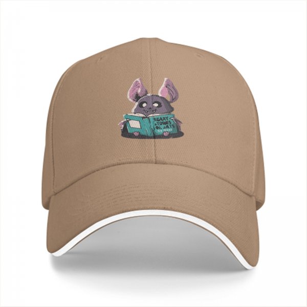 Black baseball cap with cute bat reading scary stories book print