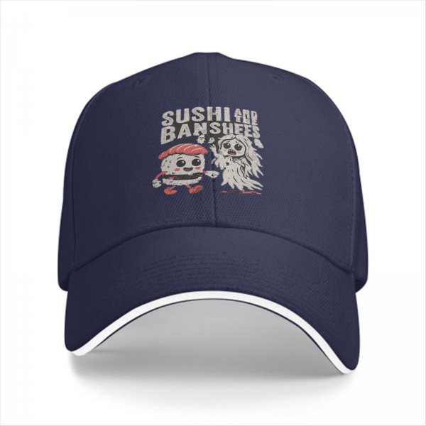 Black baseball cap with sushi and banshees graphic design