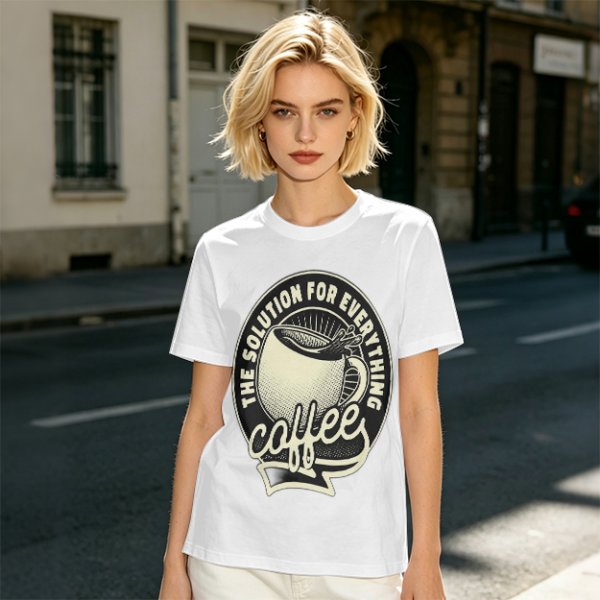 Olive t-shirt with coffee themed 'the solution for everything' print