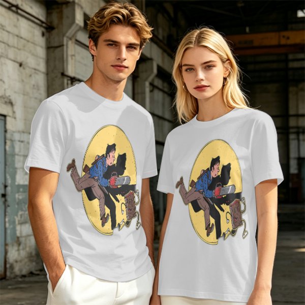 Olive T-shirt with Cartoon Chainsaw Action Character Print