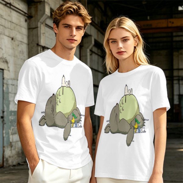 Olive T-shirt with whimsical forest spirit and small animal graphic print