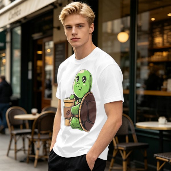 Olive Green T-Shirt With Cute Turtle Holding Coffee Cup Print
