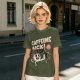 Olive graphic tee with caffeine kick cartoon coffee cup design