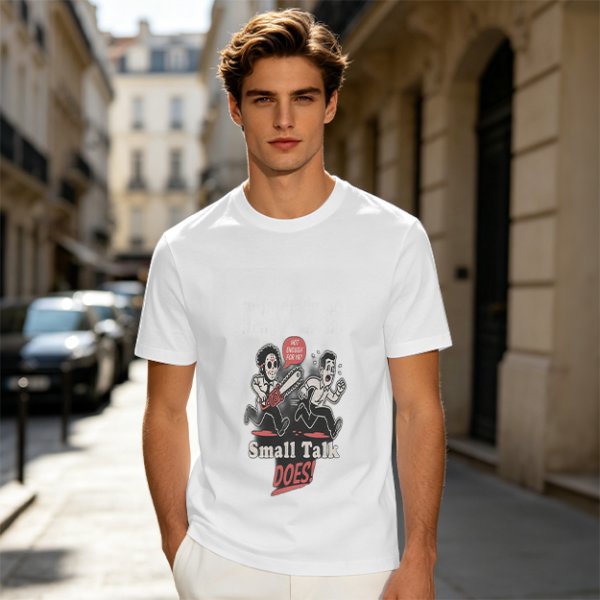 Olive graphic t-shirt with chainsaw man chasing scared person and 'Small Talk Does!' text