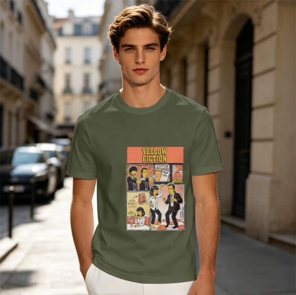 Olive green t-shirt with Yellow Fiction Simpson-style Pulp Fiction dance print