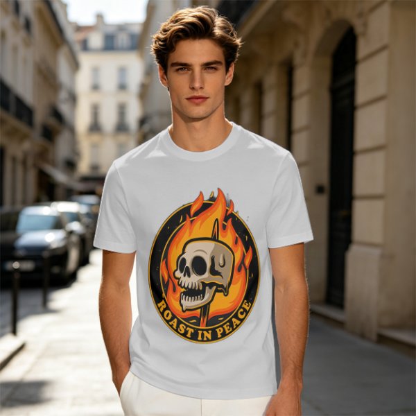 Olive T-Shirt With Roast In Peace Flaming Skull Graphic