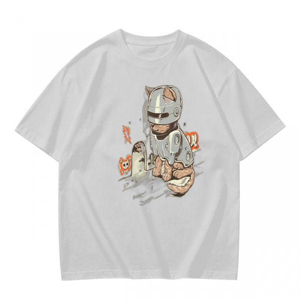 Olive Green T-Shirt With Cat In Robot Helmet Graphic Print