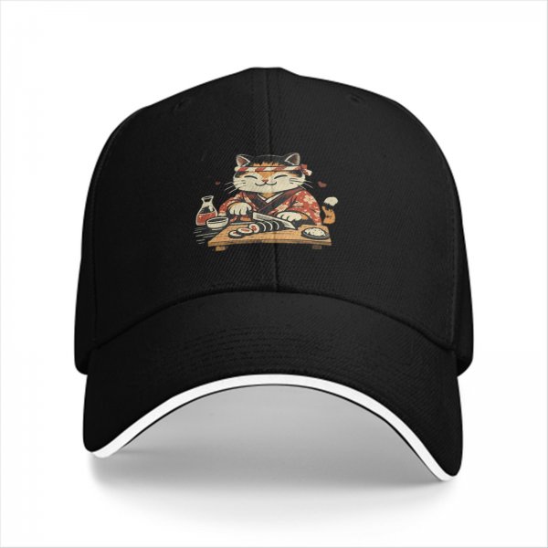 Black Baseball Cap With Cute Sushi Chef Cat Graphic