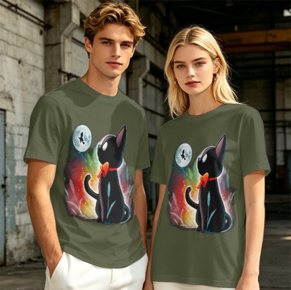 Olive T-shirt with black cat watching moon witch silhouette print