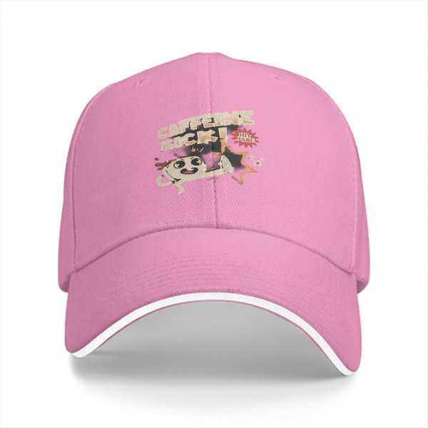 Black baseball cap with caffeine kick cartoon coffee mug graphic