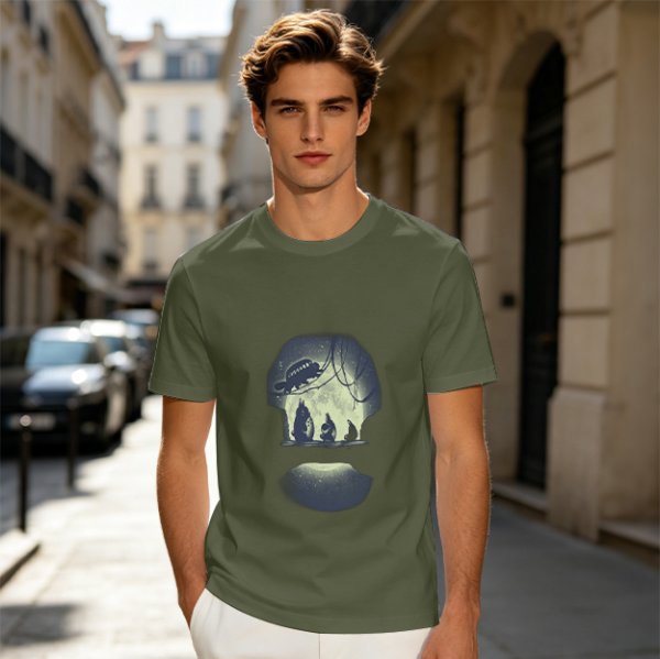 Olive T-Shirt With Skull Silhouette Print Featuring Forest Spirits
