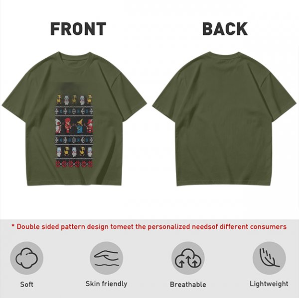 Olive T-Shirt With Final Fantasy Christmas Themed Pixel Art Print