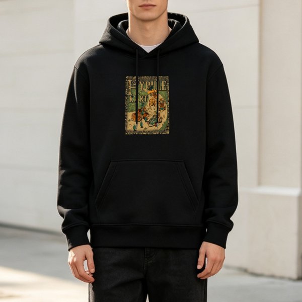 Black Hoodie With Vintage Hyrule Kart Themed Graphic Print