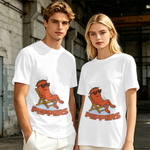 Olive T-shirt with Relaxed Cartoon Chili Pepper Wearing Sunglasses and Peppers Text