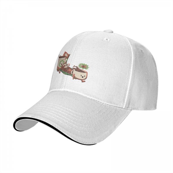 Black baseball cap with playful anthropomorphic coffee cups graphic