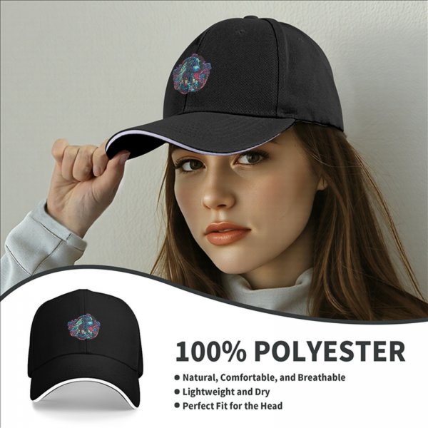 Black baseball cap with neon gothic fantasy graphic print