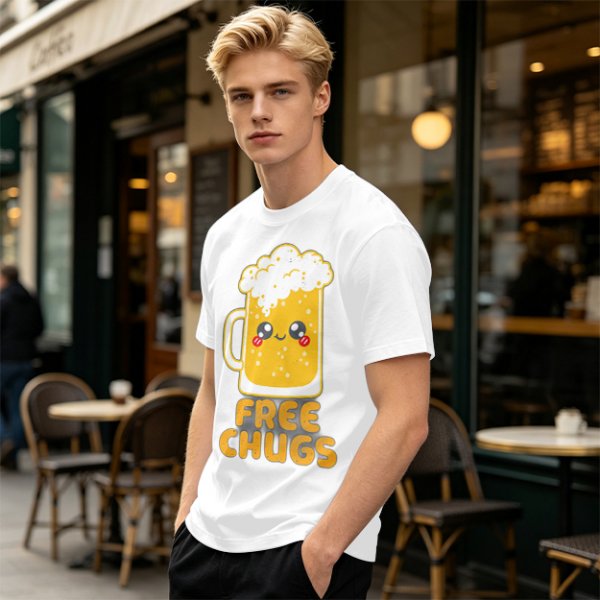 Olive Green T-Shirt With Cute Kawaii Beer Mug Free Chugs Print