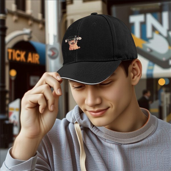 Black baseball cap with 'I MAY BE STUPID' and cute pug graphic