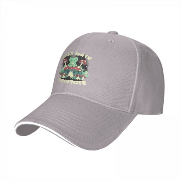 Black baseball cap with meditating frog and 'Less Hate Meditate' mushroom design